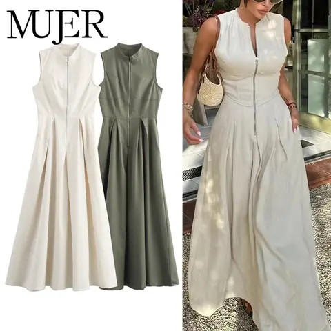 MUJER-vestido largo con cremallera para mujer, vestido ceñido plisado sin mangas, vestidos de fiesta elegantes de verano para mujer, nuevos vestidos por debajo de la rodilla 2025