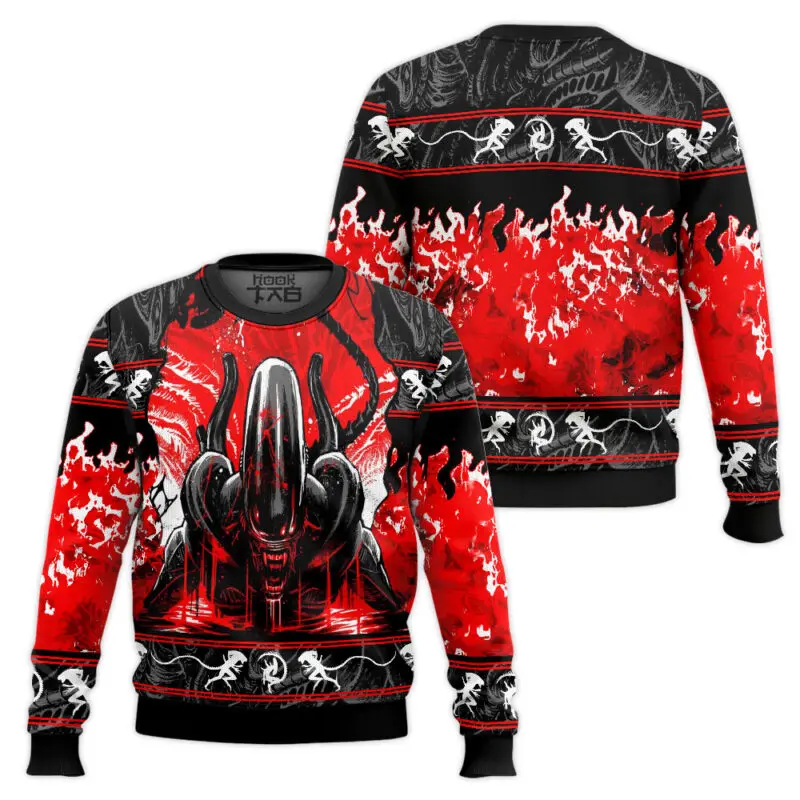 Deadly Xenomorph Alien Ugly Christmas Sweater Funny Holiday Party Pullover Plus Size Sweaters for Men Women Xmas Gift 2026