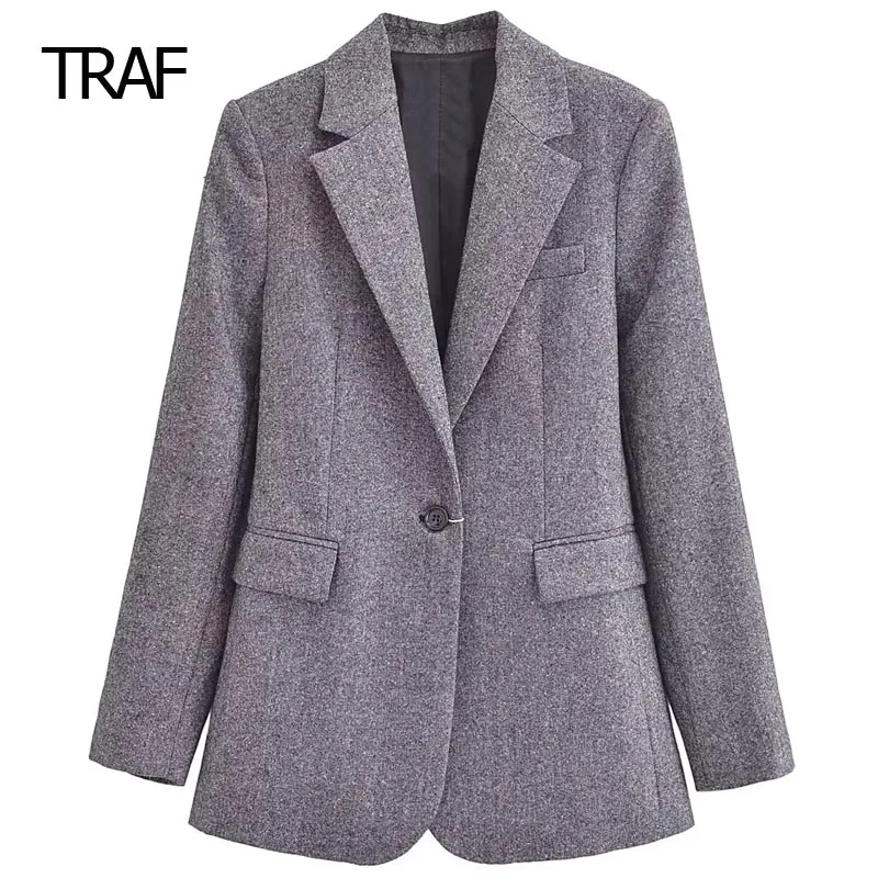 

TRAF Silvery Tweed Blazers Women's Blazers Autumn Winter Long Sleeve Top New In Outerwears Elegant Luxury Designer Blazer Women