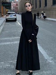 Maxi Dresses Women Folds Temperament Long Sleeve Casual Streetwear Turtleneck Simple All-match High Waist Classic French Style