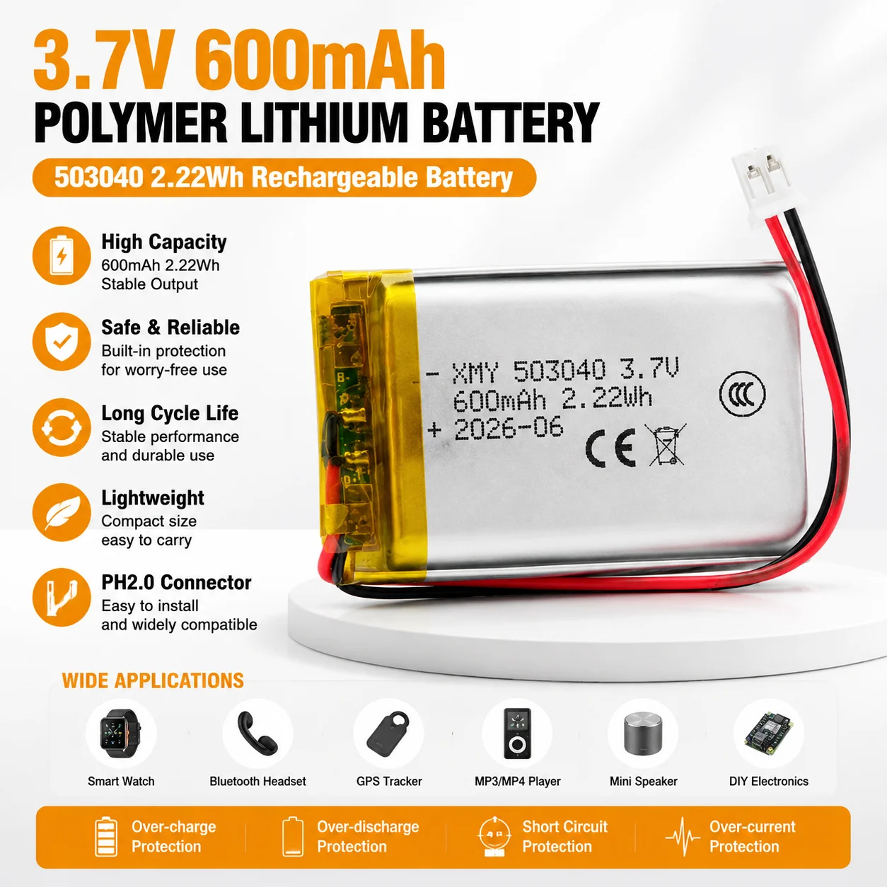 100 % echte Kapazität 503040   3,7 V 600 mAh Polymer-Lithium-Akku für GPS-Navigator Bluetooth-Headset PS4-Controller