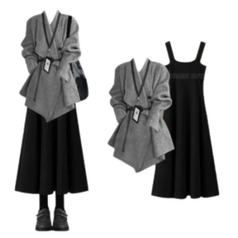 الربيع والخريف الكورية نمط المرأة الحد من العمر محبوك سترة سترة + التخسيس نمط بروتيل فستان قطعتين مجموعة #6