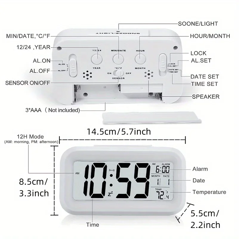 LED Digital Alarm Clock Backlight Snooze Function Data Calendar Desktop Multifunction Brightness Adjustment Electronic Clock