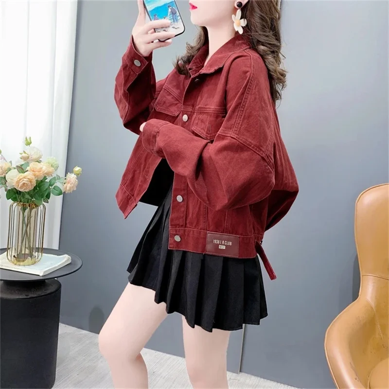 

Angola Red Denim Jacket for Women's 2025 New Spring Autumn Korean Version Small Casual Jcoat Top Fashion Denim Jacket Female