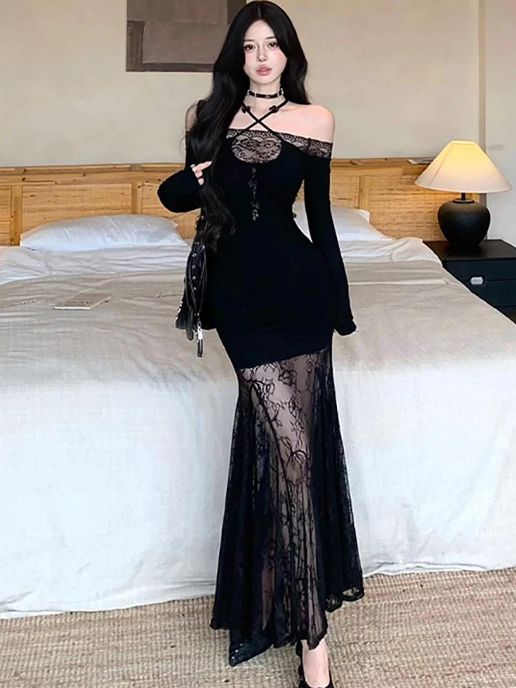 2025 Black Patchwork Lace Sheer Sexy Ruffled Long Dress Women Elegant Chic Neck-mounted Dress Autumn Korean Bodycon Party Dress