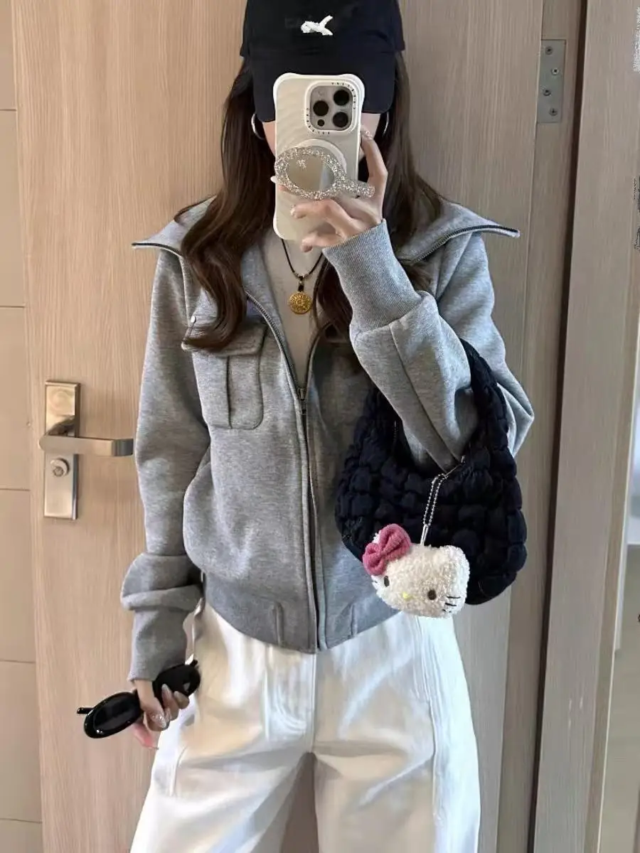 Retro Stand-up Collar Niche Zipper Sweater Women's Spring and Autumn New Korean Version Short Lazy Style Loose Versatile Coat