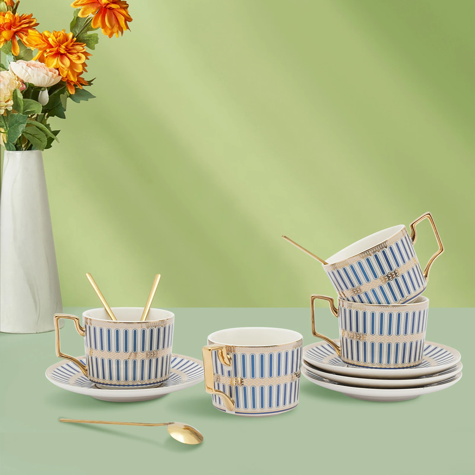 

European Style Porcelain Cup and Saucer Set 7Oz Blue Stripe Gold Detail 4 Pack with Golden Spoon Luxury Wedding Banquet Gift for Newlyweds Bridal Shower