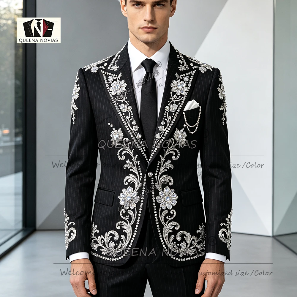 Striped Suits Men For Wedding Customzied Heavy Rhinestone Beadwork Jacket Pants 2 Pieces Sets Groom Tuxedo Attires Ropa Hombre