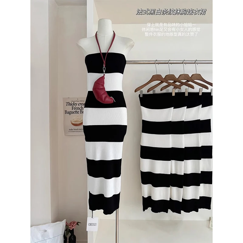 

Women 2024 Summer New Strapless Knitted Ribbed Dresses Female Sexy Midi Vestidos Sleeveless Off Shoulder Dresses Striped Outfits