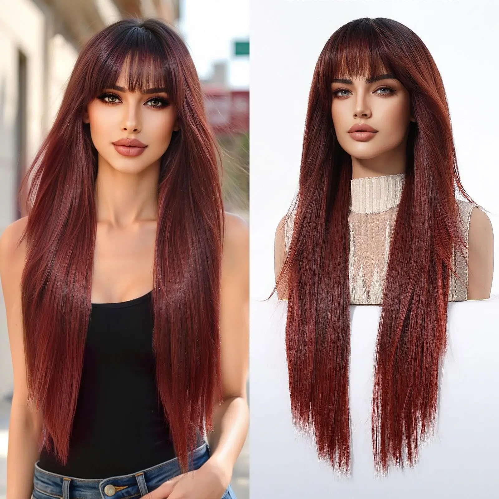 EASIHAIR Lange blonde synthetische Perücken für Frauen, gerade, geschichtete Naturhaar-Perücken mit Pony, hitzebeständige Perücken für den täglichen Gebrauch – Detail 17
