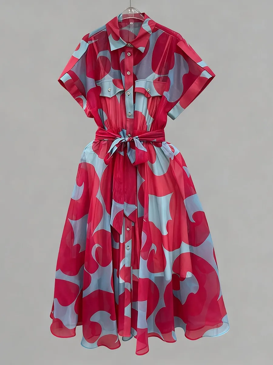 TWOTWINSTYLE Printing Sheer Spliced Buttons Casual Dresses for Women Lapel Sleeveless Patchwork Lace Up Fashion Dress Female New