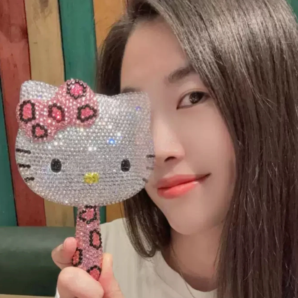 Hello Kitty Kawaii Crystal Mirror Shiny Rhinestones Handheld Mirror Girl Birthday Gift LivingA Room Decoration
