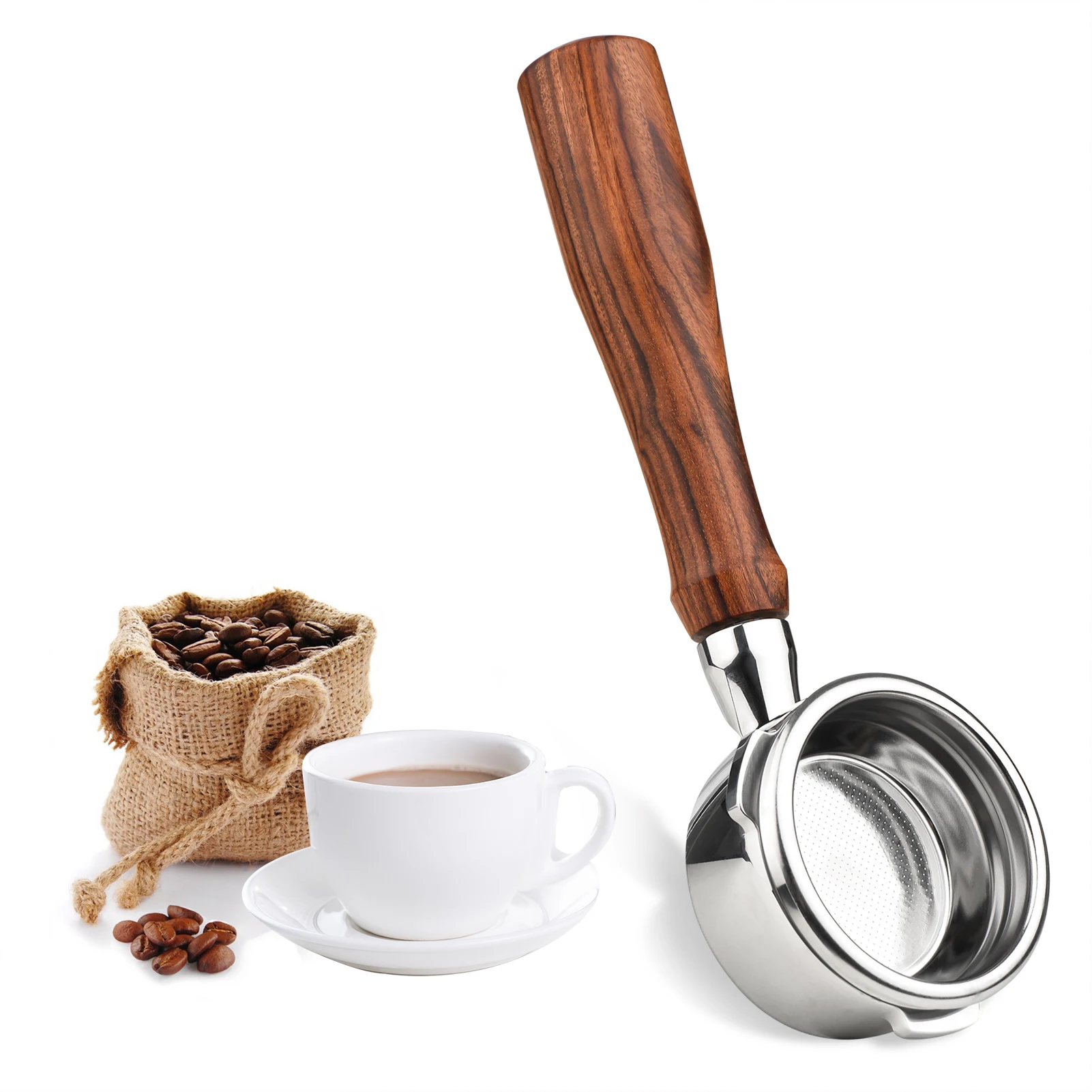 58mm 3 Ears Stainless Steel Bottomless Naked Portafilter Wooden Coffee Handle Cup Filter Basket Replacement