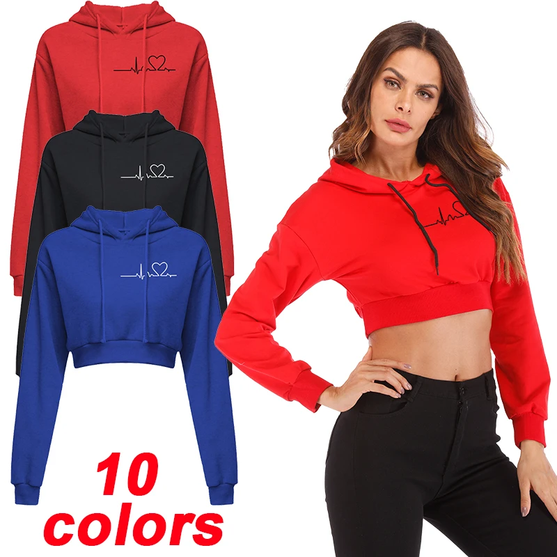 

2023 Women's Sexy Casual Cotton Long Sleeve Hooded Short Sweatshirt Flat Corner Print Top Pullover Short Hooded Sweatshirt