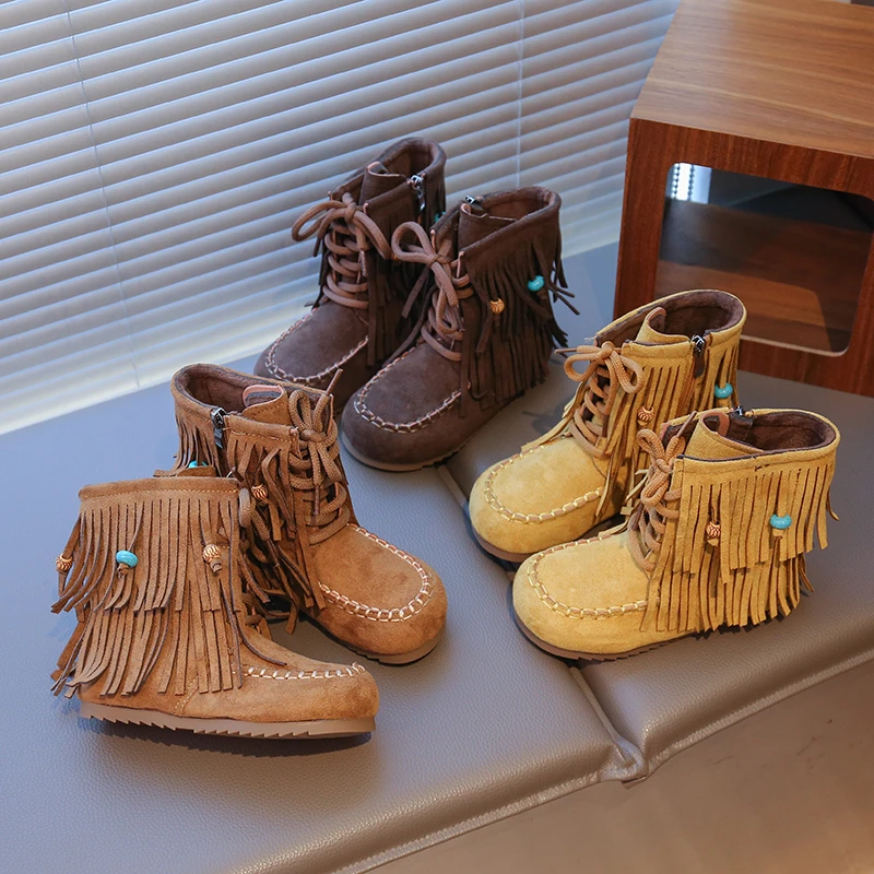 

Kids Suede Leather Boots for Girls 2025 New Winter Kids Plush Lining Boots with Cute Tassels Non-slip Retro School Party Boots