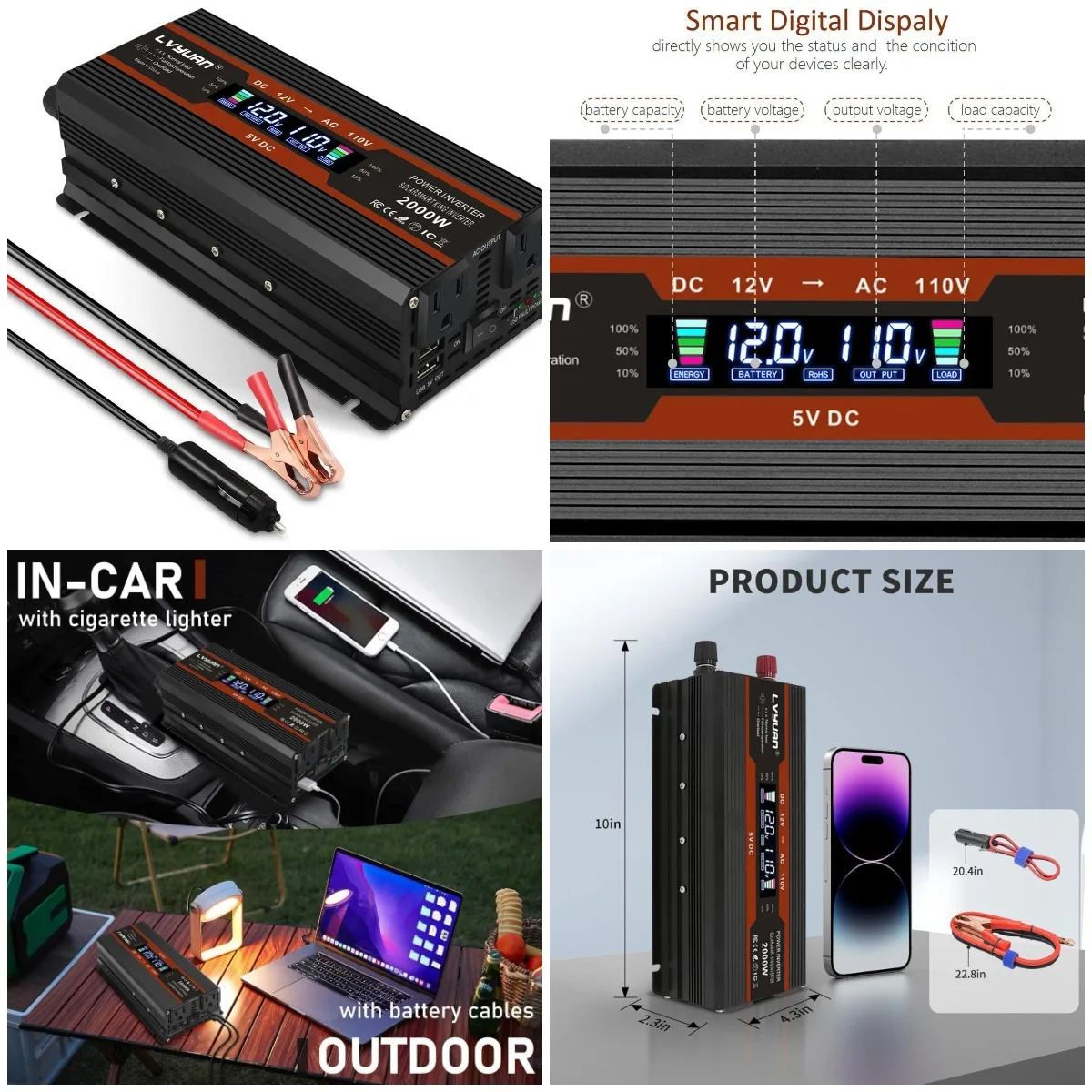 

Пиковый автомобильный инвертор мощностью 1000 Вт/2000 Вт от 12 В до 110 В постоянного тока в переменный ток с двойными розетками и ЖК-дисплеем (черный)