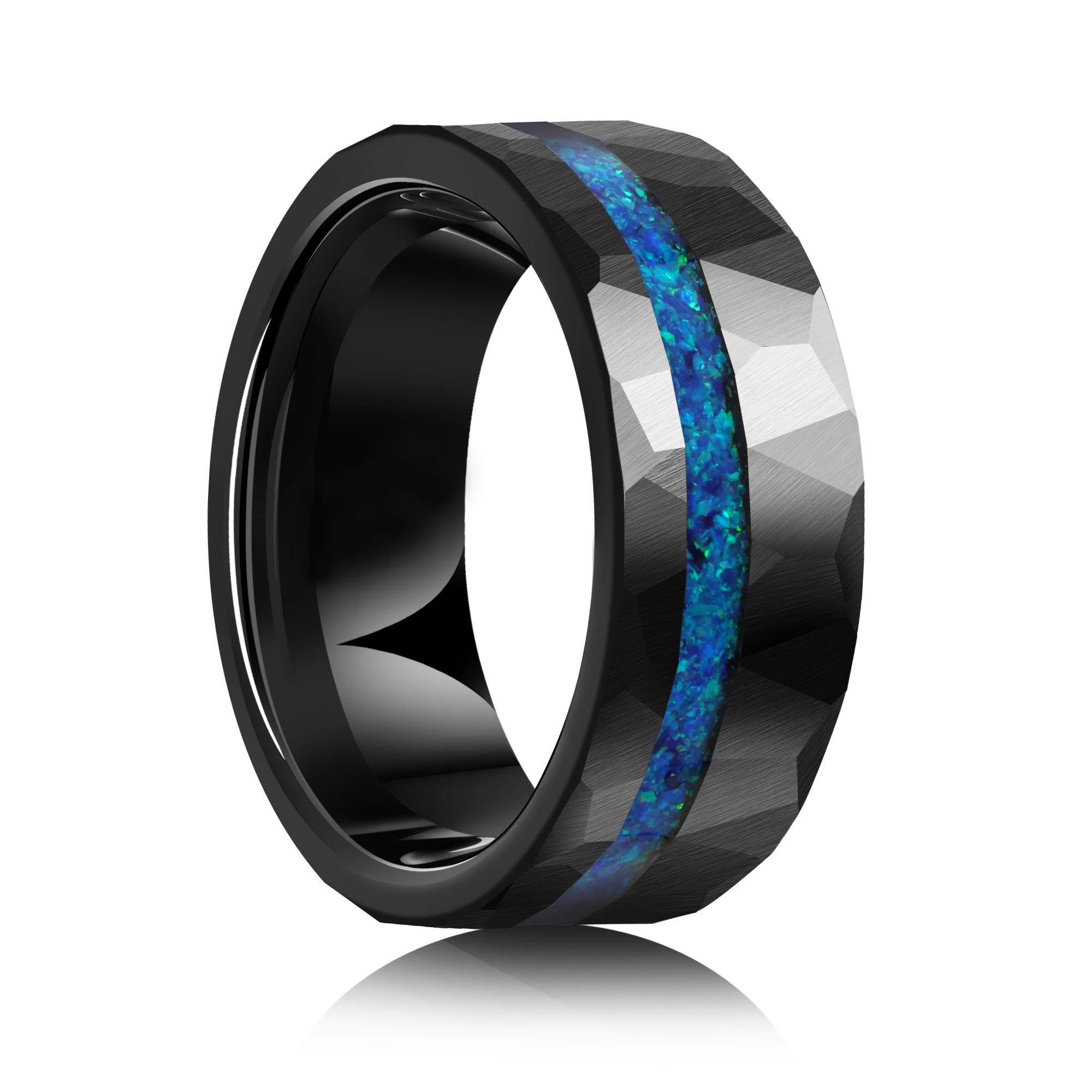 POYA 8mm Fashion Inlay Blue Opal Black Hammered Tungsten Ring