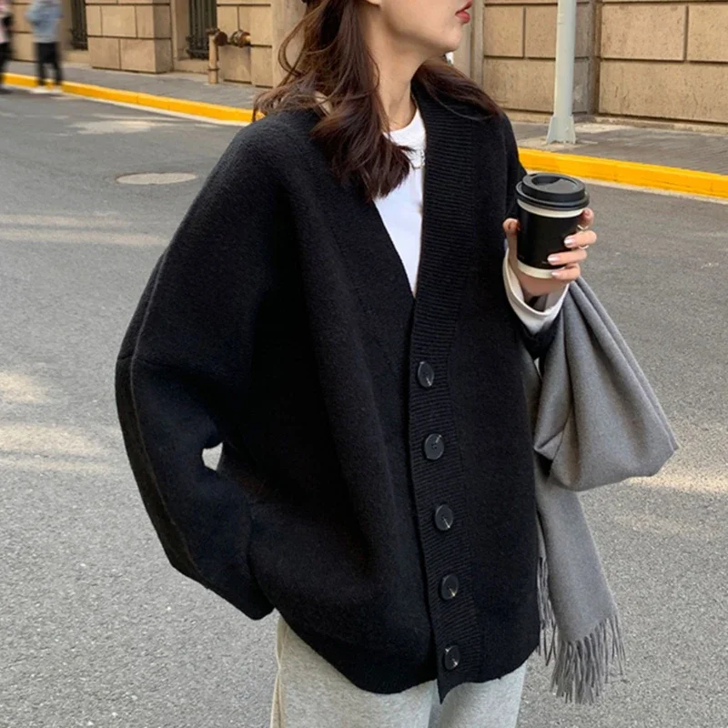 Lazy Style Solid Cardigan Women Harajuku Loose Autumn V-neck Кардиган Женский Elegant Streetwear Ulzzang Unisex Popular Stylish