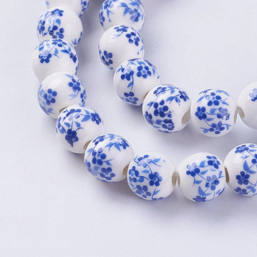 

42pcs Blue Flower Printed Ceramic Beads Round White Porcelain 8mm Loose Spacer Bead for Jewelry Making Bracelet Necklace DIY