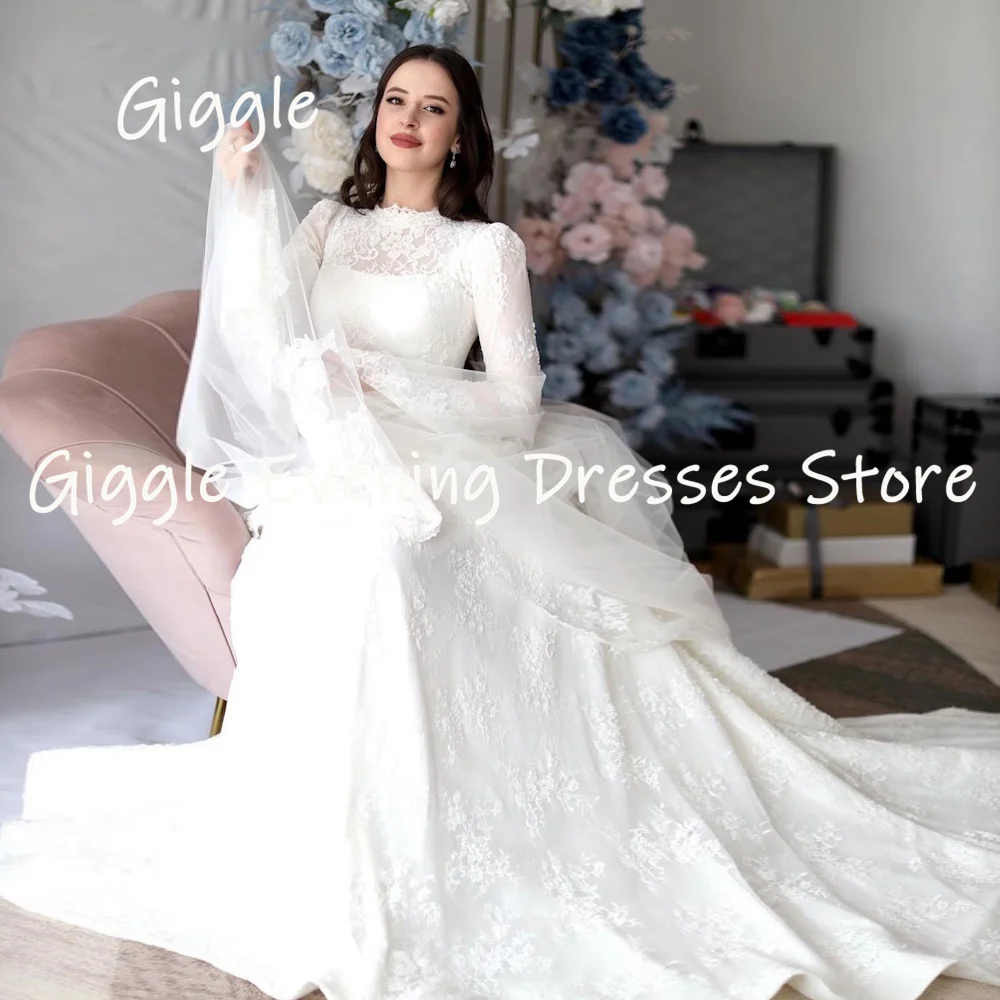 Giggle Elegant Full Lace Long Sleeves Sweep Train Wedding Dresses for Women 2023 Zipper Up vestidos de novia