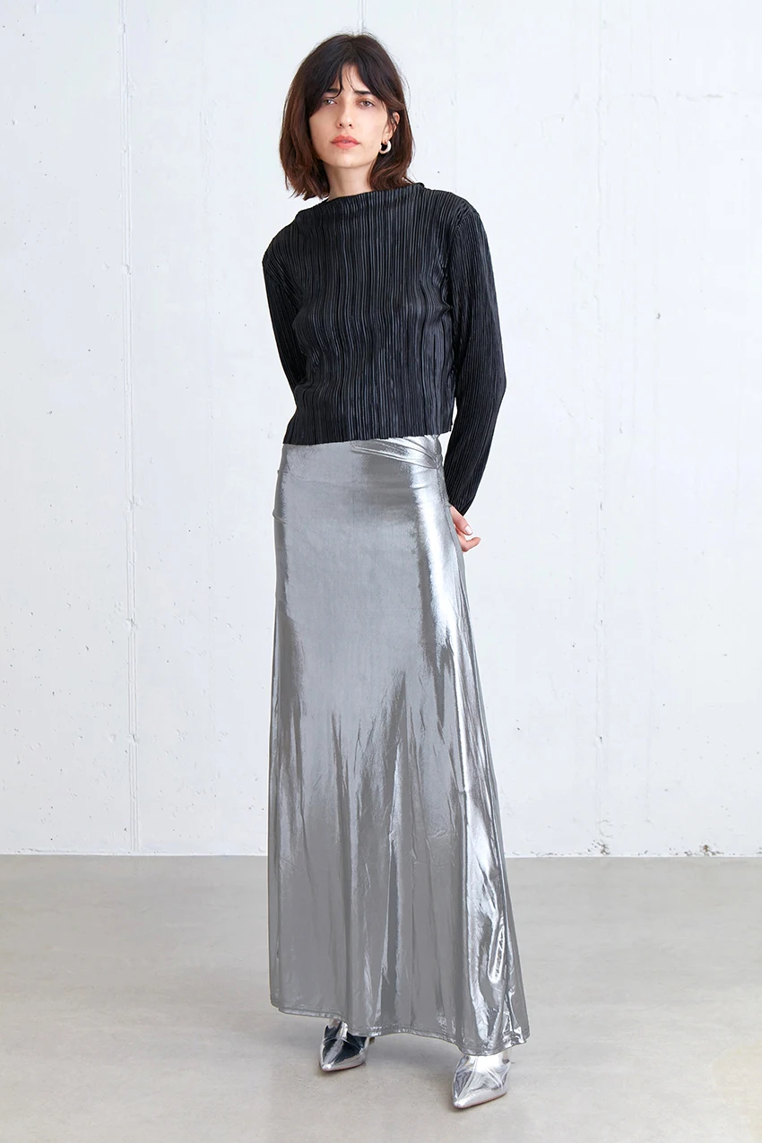 Summer 2024 Zipper Ruched Skirts Women Silver Floor-Length A-Line Skirts Female Street High Waist Bright Midi Skirts