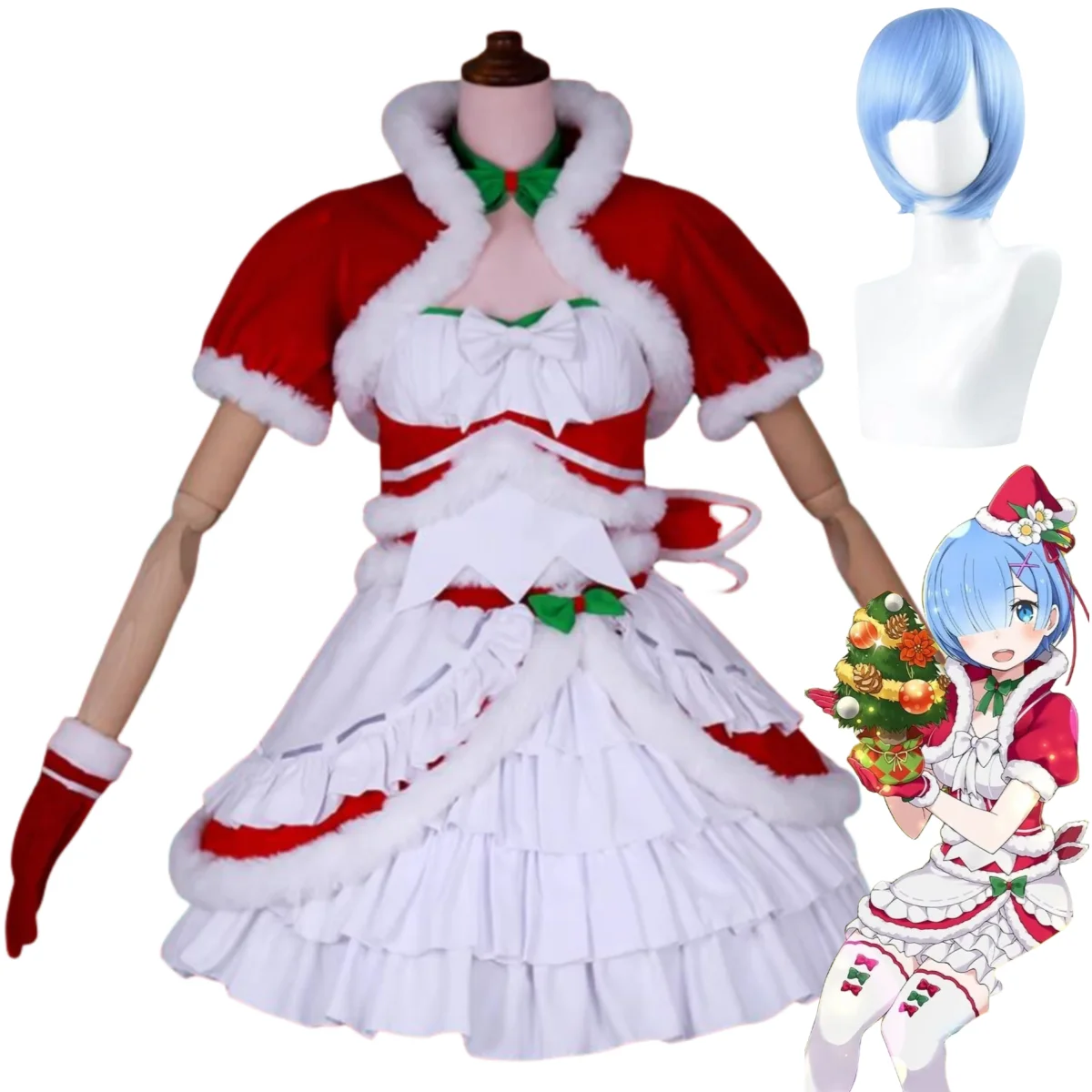 Anime Re:Life in A Different World From Zero Rem Cosplay Costume Wig Christmas Red Lolita Skirt Cloak Woman Sexy Party Suit