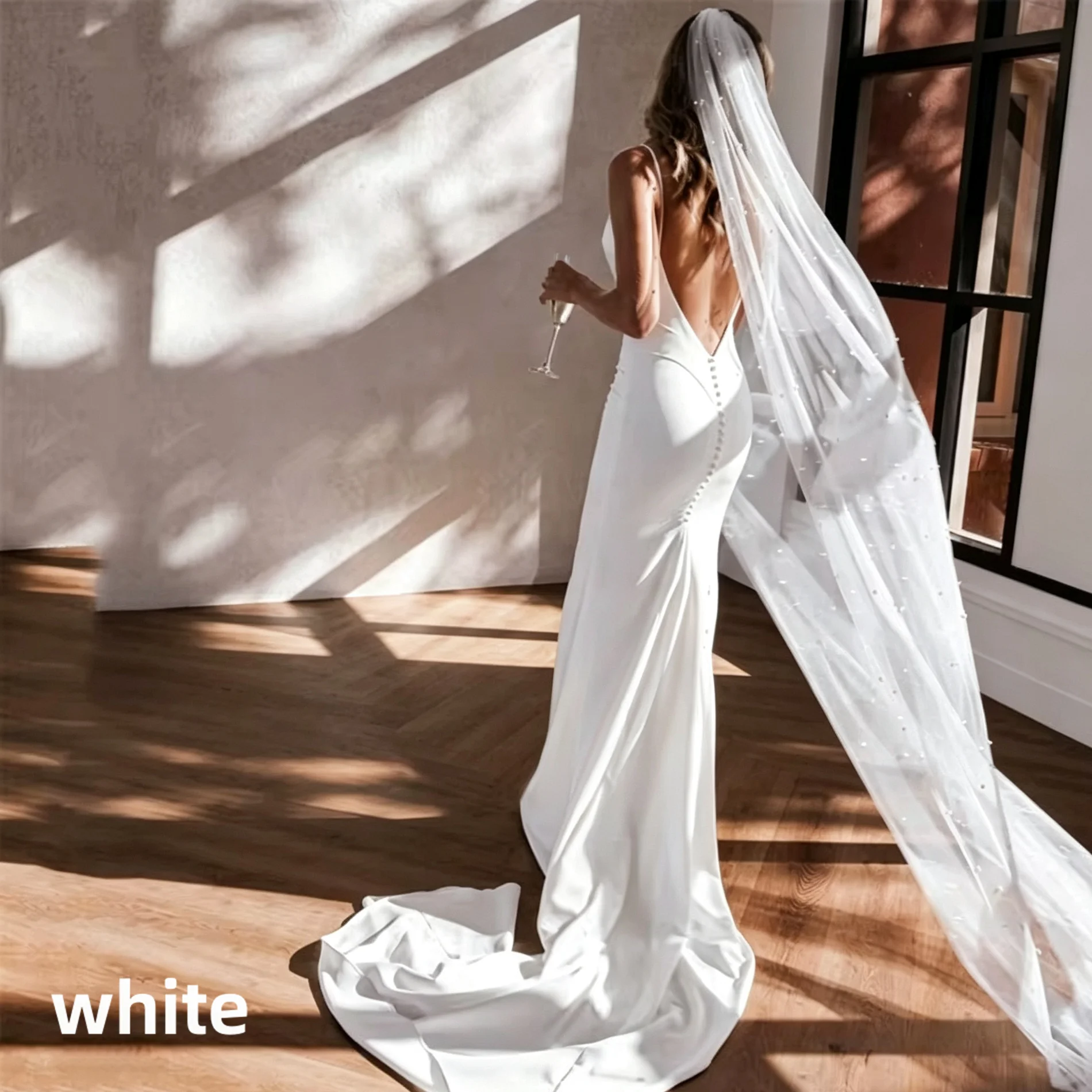 Spaghetti Straps Satin Mermaid Wedding Dress Deep V Neck Open Back Bridal Gown Pearl Veil Long Train Simple Civil Bride Dress