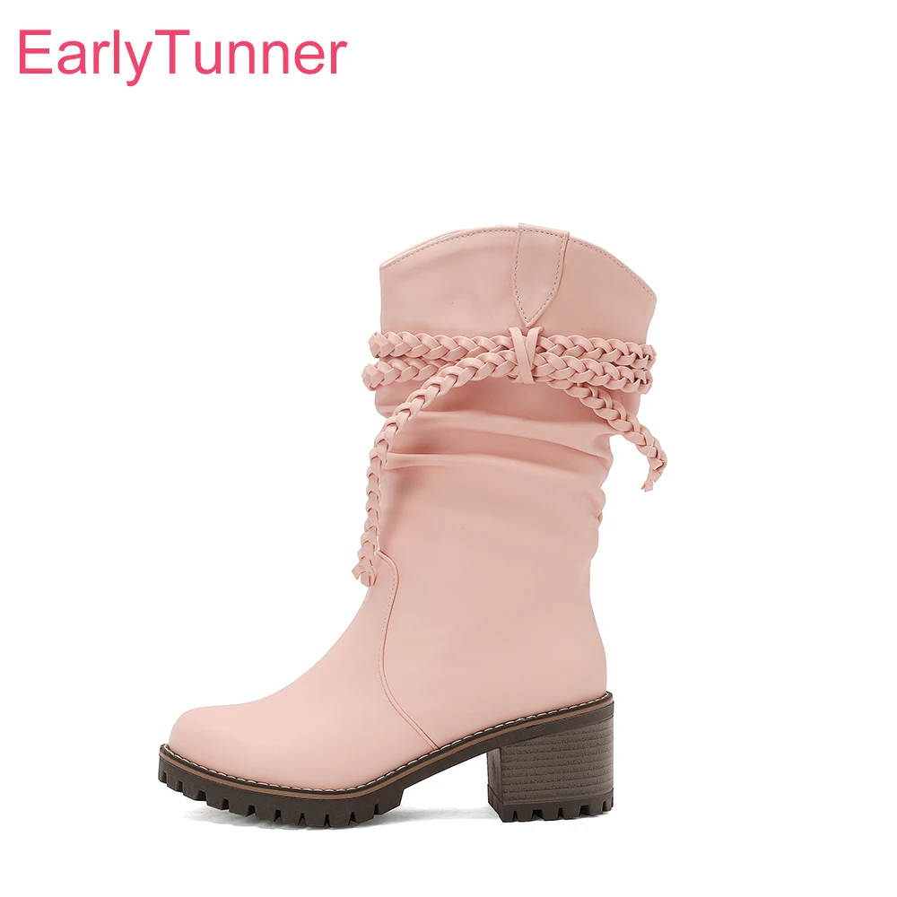 

2025 New Winter Classic Pink White Women Mid Calf Combat Boots 6cm High Square Heels Lady Dress Shoes Plus Big Size 43