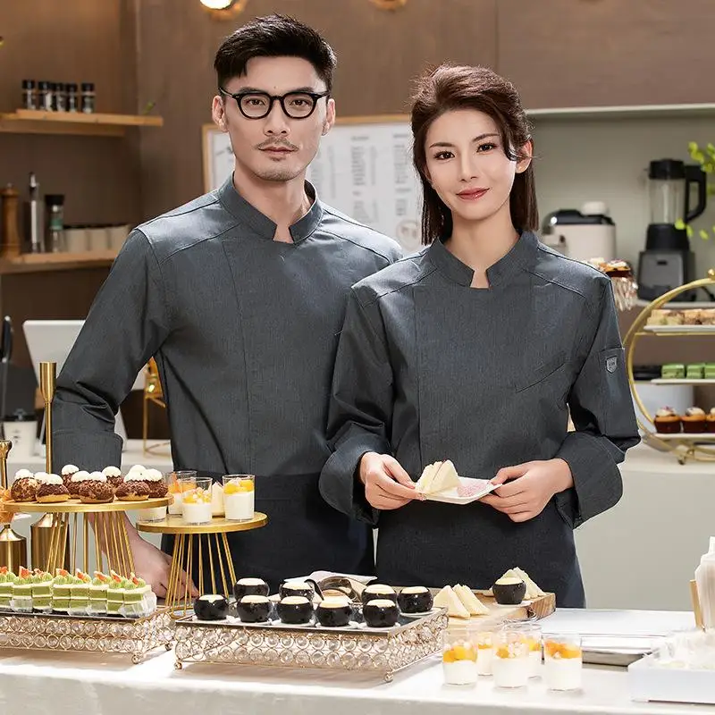 

Мужская униформа для поваров с длинным рукавом, дышащая, с вышивкой и печатью логотипа, куртка для ресторана, одежда для кухни