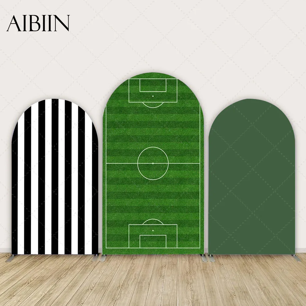 Cubierta de fondo de arco de campo de fútbol verde, cubierta de soporte de arco de rayas negras para fiesta de cumpleaños para niños y bebés