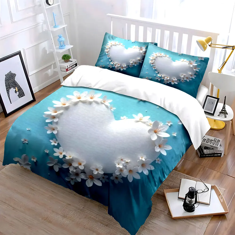 Heart Flower Decoration Set Bedding Set with 1 Duvet Cover 2 Pillowcases Single Double King Queen, Gift