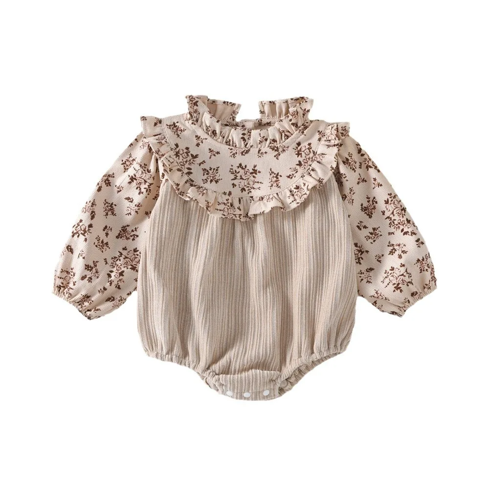 فستان أطفال كوري جديد للربيع والخريف، مرقع بالزهور الكاكي، غطاء سفلي، ياقة واقفة، ملابس زحف مثلثة للأطفال #5