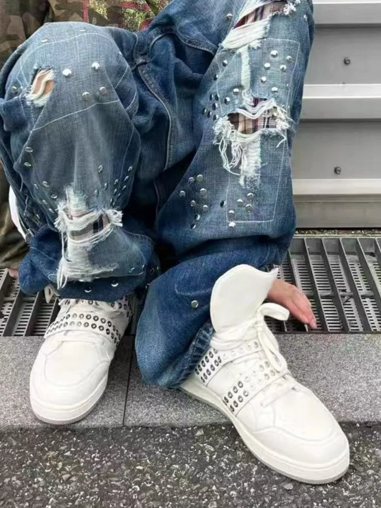 Fashion Mens High Top Skateboard Shoes Genuine Leather Rivets Strap Punk Sneakers Trainers New Casual Thick Platform Ankle Boots