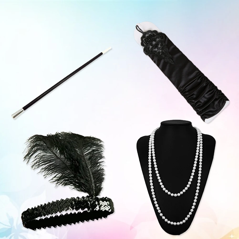 

4Pcs Jeweled Headb Lightweight Cigarette Holder Black Long Gloves Sequined Necklace Flapper Costume Party Accessories Set Prom