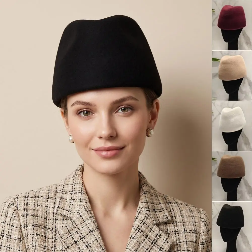 Fashion Elegant Russia Pillbox Hat Teardrop Air Hostess Fedora Hat Solid Color Dome Woolen Top Hat Banquet