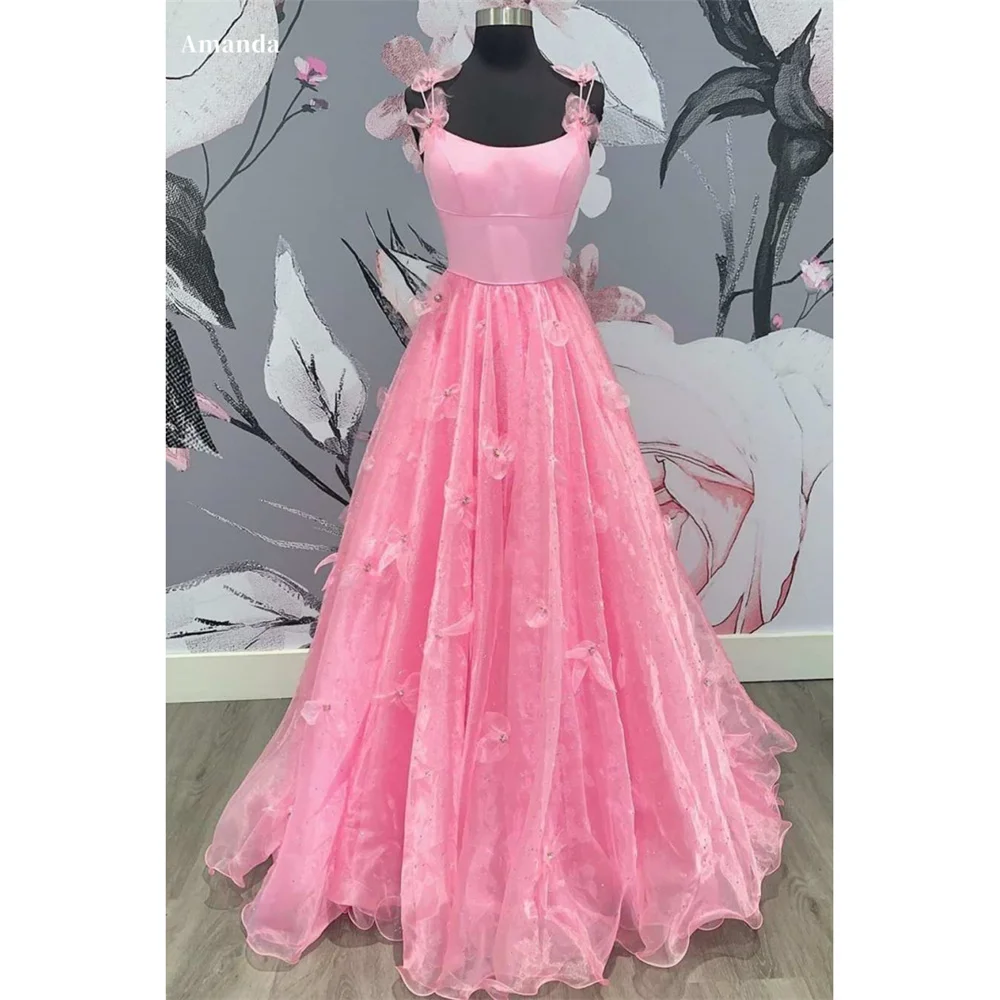 

Amanda Baby Pink Organza Formal Occasion Spaghetti Strap A-line vestidos de fiesta Elegant Sleeveless Floor-Length Porm Dresses