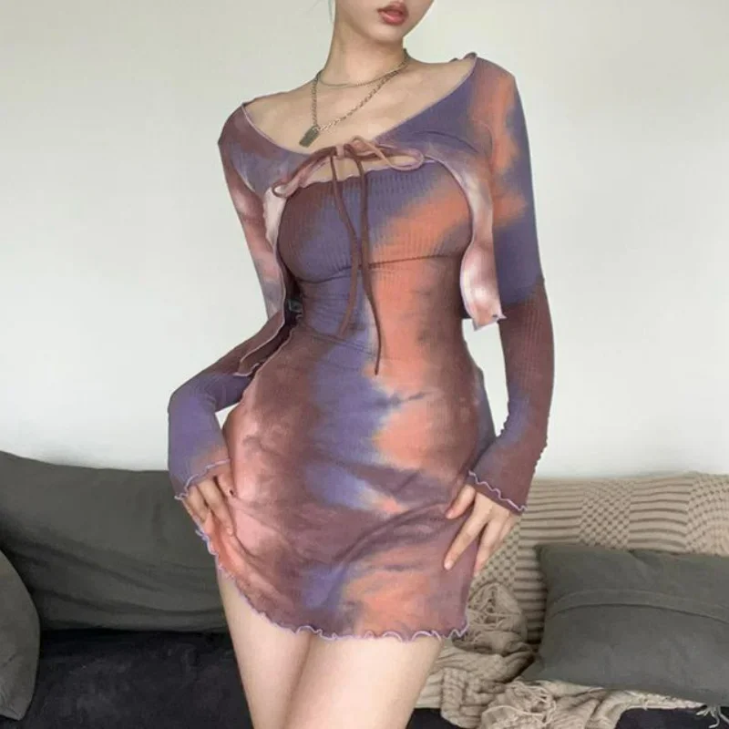 

Y2k Hong Kong Style Set Women 2 Pieces Square Collar Bandage Long Sleeve Top Suit+vintage Tie Dye Slim Vest Chic Dress Outfits