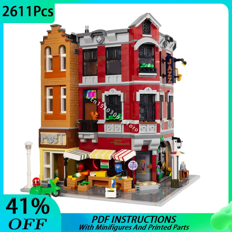 MOC Corner Market Post Office Modular Street view Compatible 10312 Building Blocks DIY Architecture Bricks Toy Birthday Gift