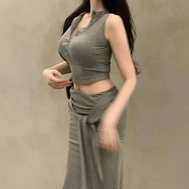 Korea Pure Desire Sexy Body-Flattering Feminine Waist-Exposing Sleeveless Top + Tie-Up Half Skirt Two-Piece Skirts GK5M