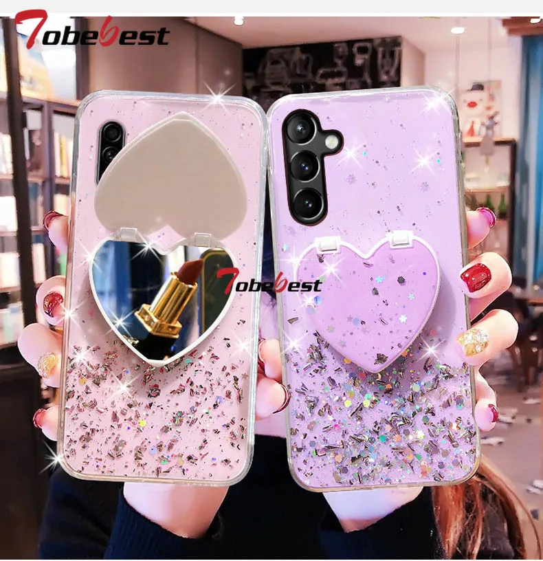Glitter Heart Mirror Phone Holder Case For Samsung Galaxy A16 A26 A36 A56 A06 A15 A25 A35 A55 A14 A25 A35 A54 A05 4G 5G Cover