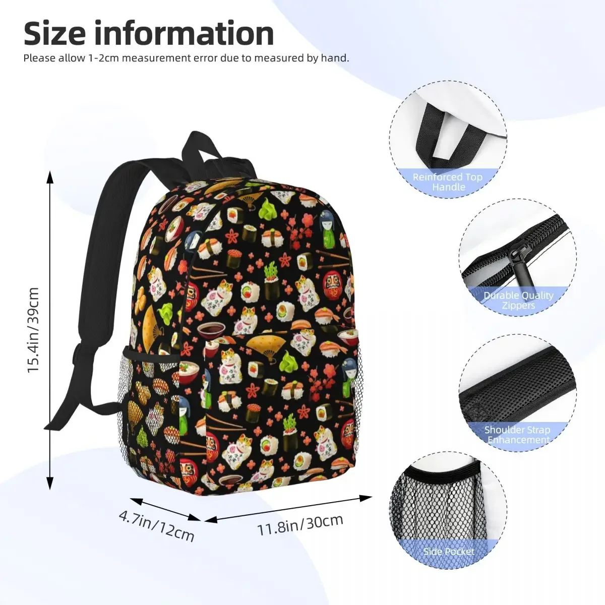 Black Sushi Love Japanese Sushi Pattern By Moose Disco Backpack Bookbag Cartoon Student School Bags Travel Rucksack Shoulder Bag