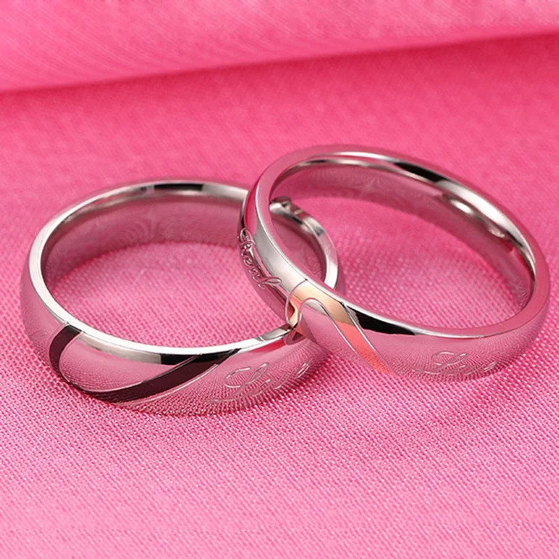 الفضة اللون زوجين خاتم جودة الفولاذ المقاوم للصدأ القلب التحالف الدائري للنساء الرجال كامل الحجم 4-15 هدية لمحبي