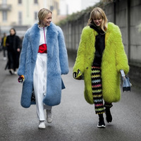 Women Luxury Brand Runway Fashion Long Hooded Faux Fur Coat Jacket Ins Nicki Minaj Neon Green Chunky Overcoat Outerwear