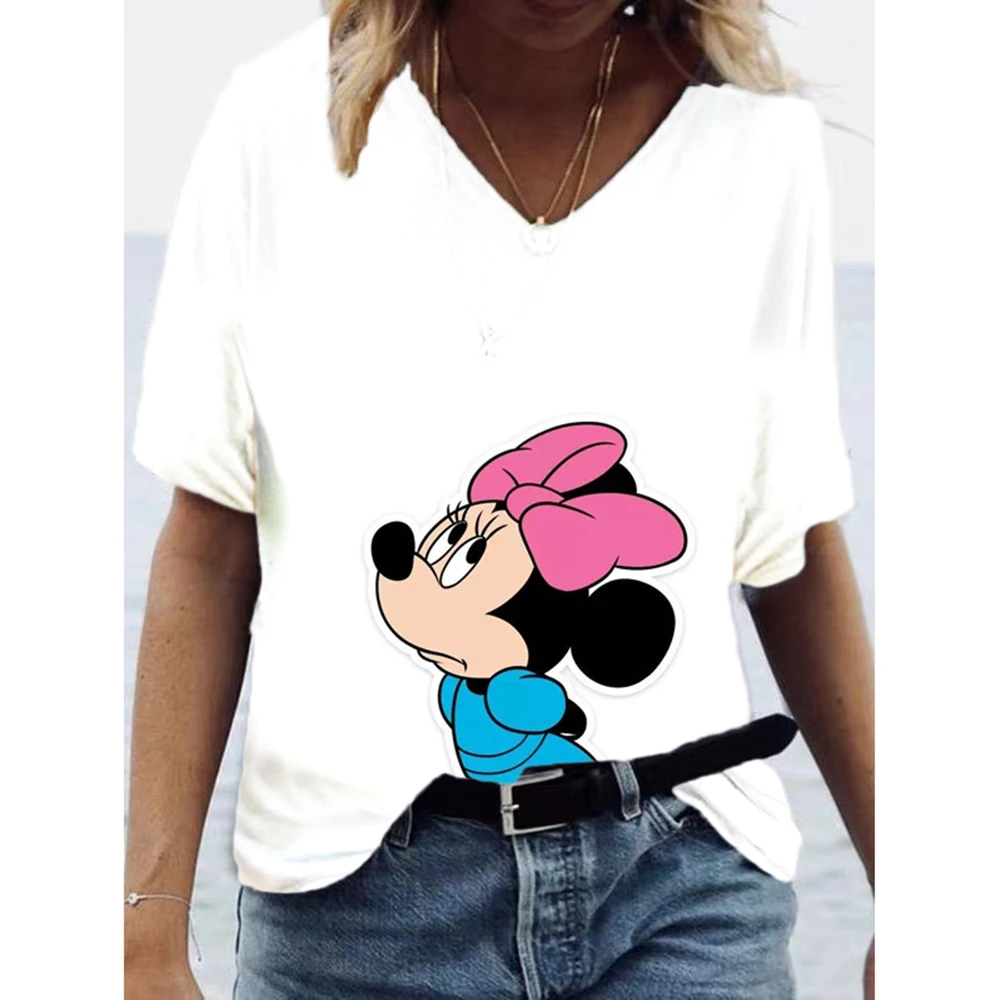 2024 Y2K Clothing T-shirt women's Summer women's V-neck Disney Minnie Mickey Pattern Clothing Street Comfortable And Breathable