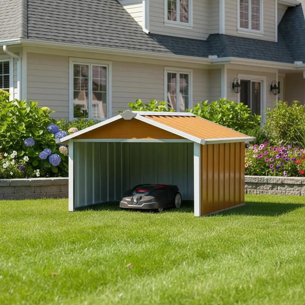 Abri pour robot de jardin en acier galvanisé marron 92x97x63 cm, protection durable, idéal pour tondeuse automatique