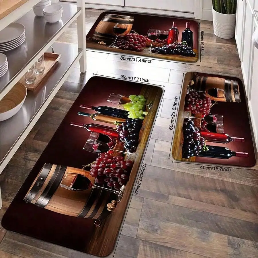 

3-Piece Kitchen Rug Set with Wine & Grape Print, Anti-Slip, Soft Flannel, for Entryway, Bathroom, Living Room