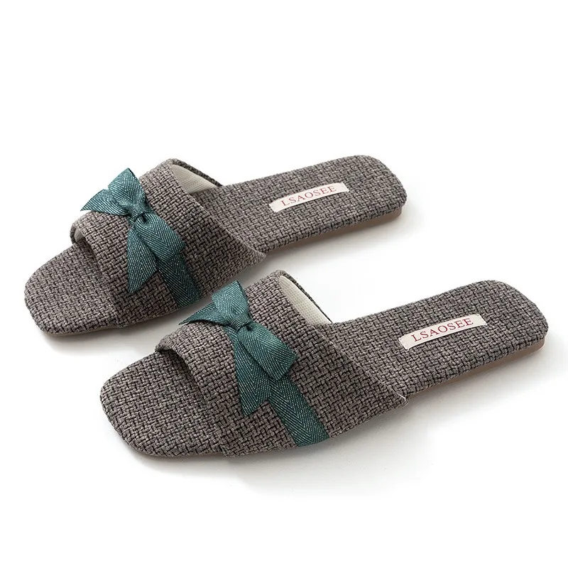 الراحة زوجين شبشب منزل Bowknot الكتان القماش مصمم المفتوحة تو تنفس شبشب منزل خفيفة الوزن شقة أحذية نسائية