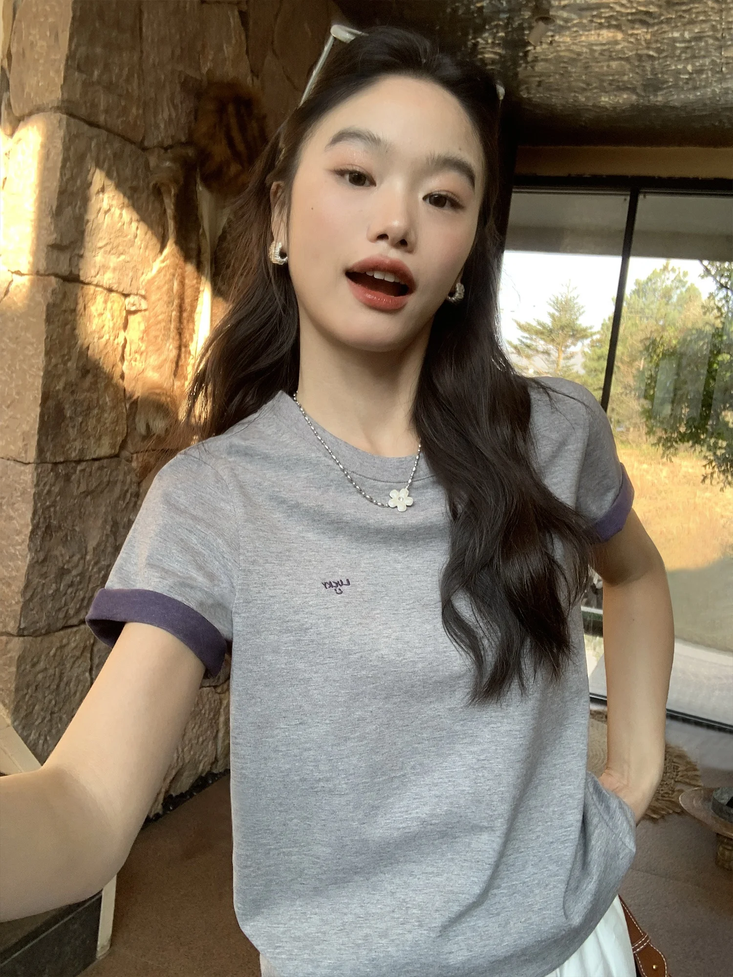 

Pusumede Grey Fashion Embroidered Color Block Short Sleeve Cotton T-Shirt Women Summer Shoulder round Neck Simple Pure Cotton...