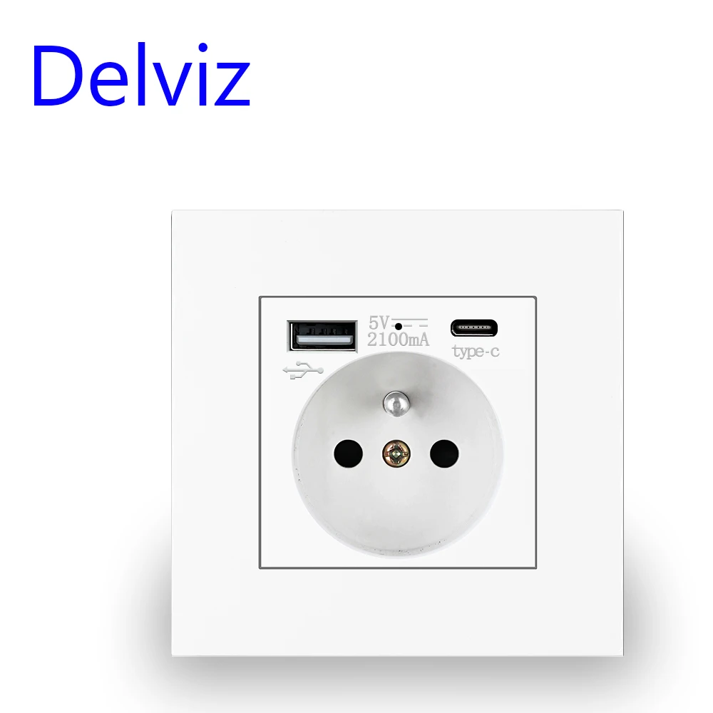 USB 프랑스 표준 콘센트가 있는 Delviz, 프랑스용 16A 전원 소켓, 흰색 PC 패널, 1A1C 5V 충전 잭, 유형 C USB 벽면 소켓