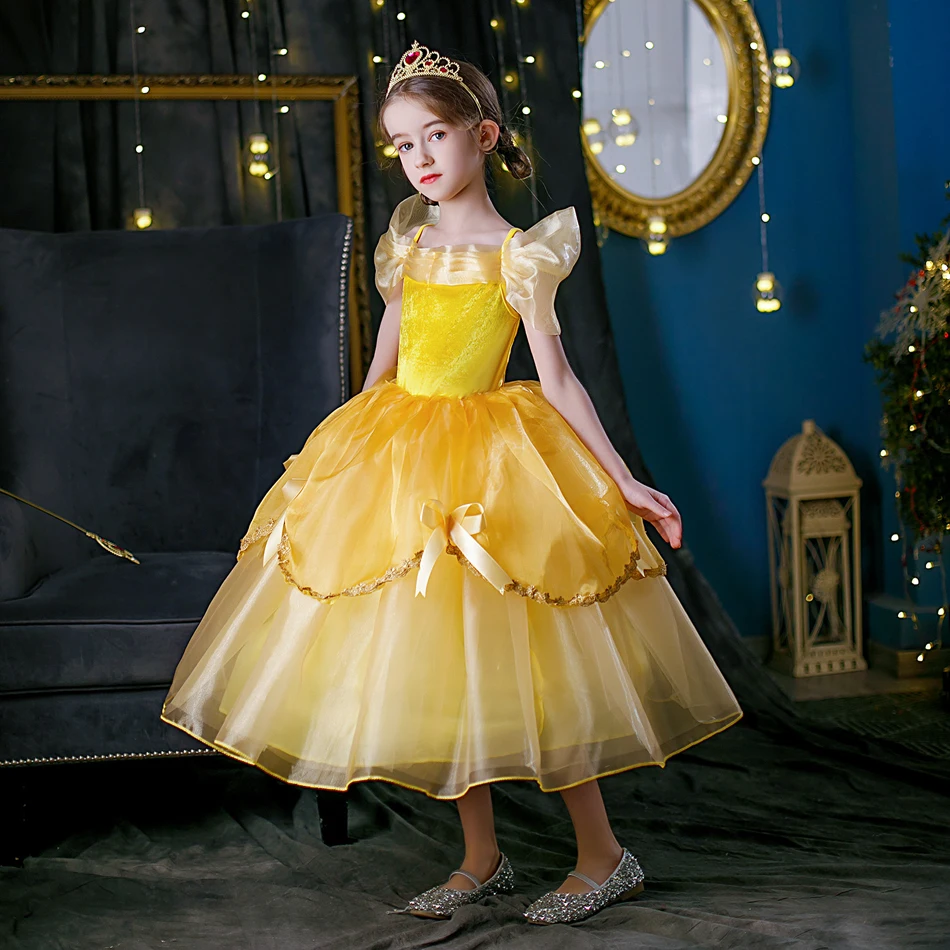 Vestido de princesa bella para niñas, disfraz de La Bella y La Bestia, ropa de fiesta para niños, corona de palo mágico, cumpleaños para niños